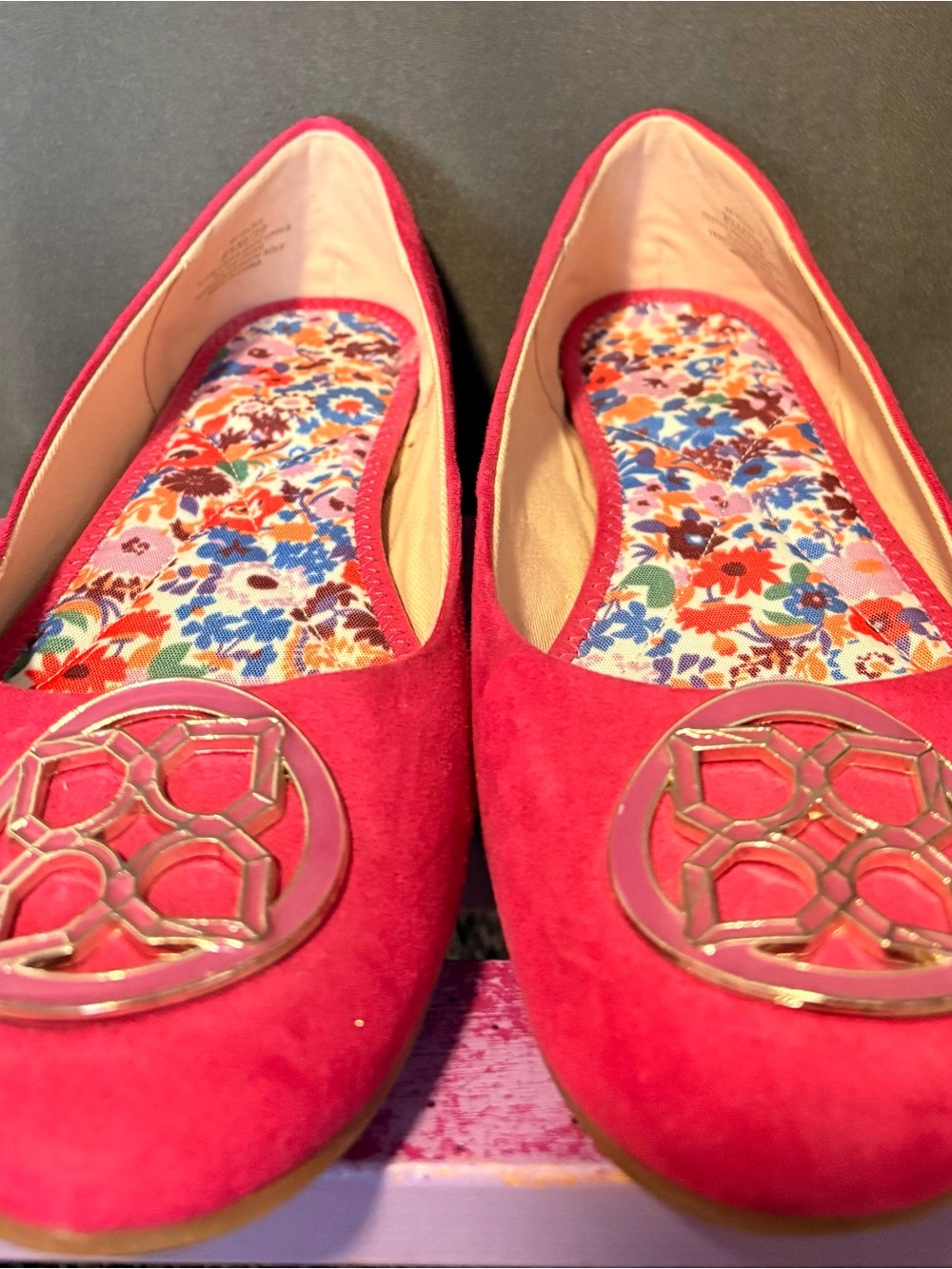 Kelly & Katie Hot Pink Suede Ballet Flats with Gold Medallions
